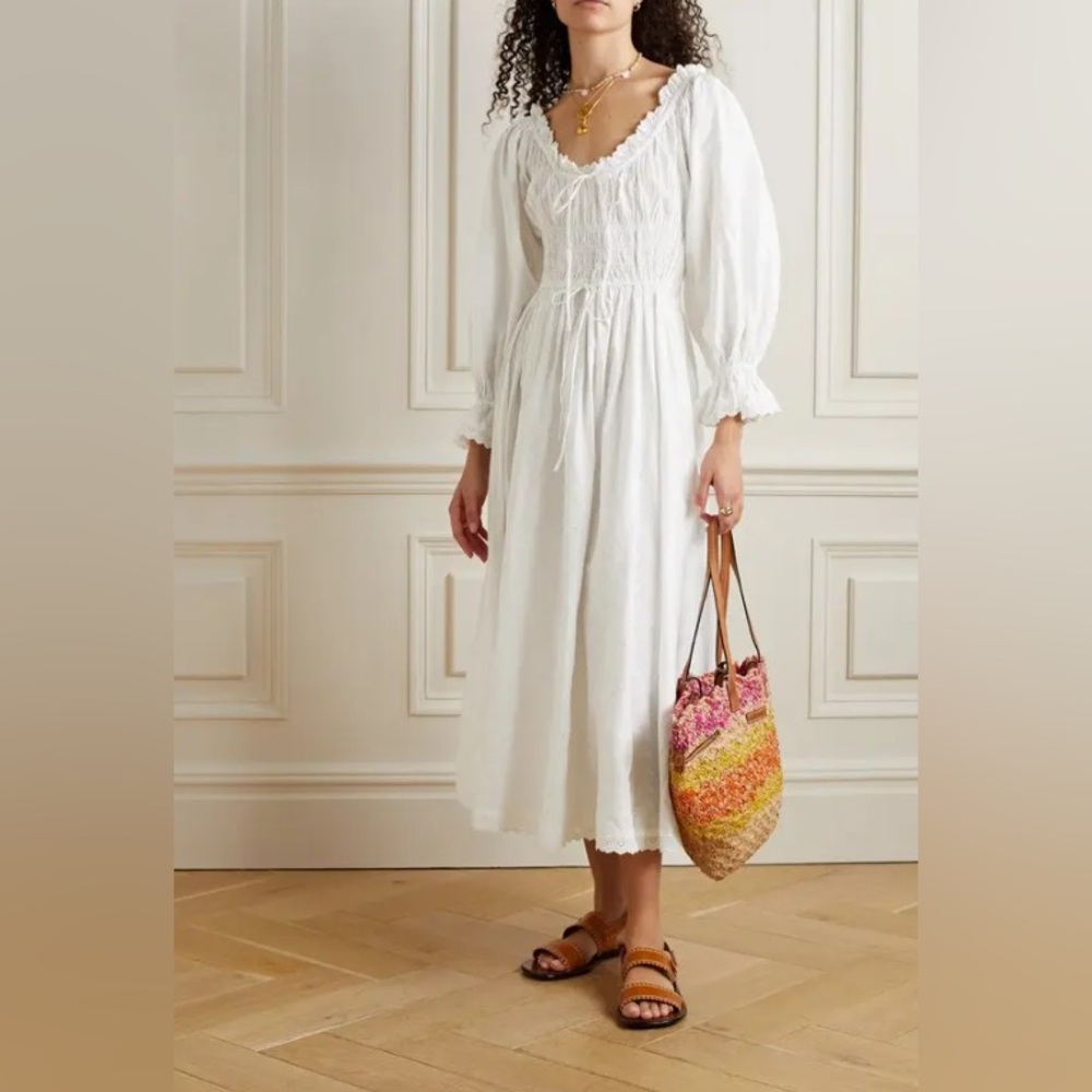 Doen White Smocked Cotton Midi Dress with Puff Sleeves